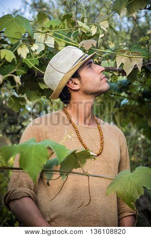 Side view of handsome young man in hat toching vine leaves in garden in sunlight
