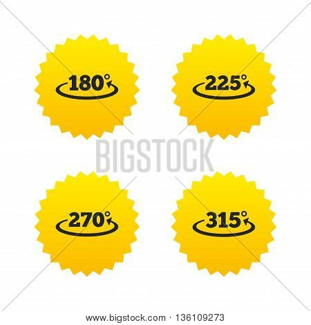 Angle 180-315 degrees icons. Geometry math signs symbols. Full complete rotation arrow. Yellow stars labels with flat icons. Vector