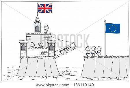 Brexit - Castle with United Kingdom flag raising the drawbridge. Vector image