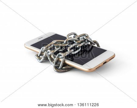 Modern mobile phone with chain locked isolate on white background with clipping path. Concept of social network issues forgot password information security robbery or piracy