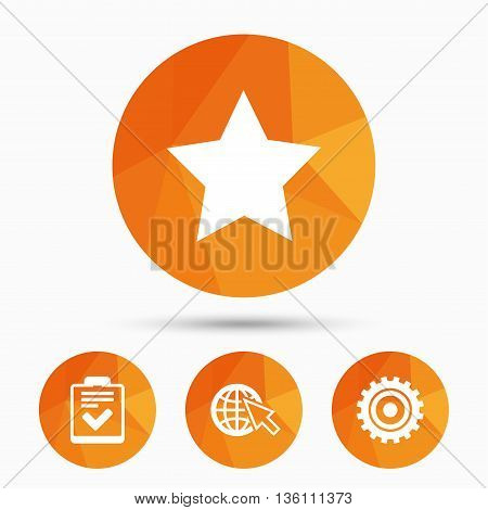Star favorite and globe with mouse cursor icons. Checklist and cogwheel gear sign symbols. Triangular low poly buttons with shadow. Vector