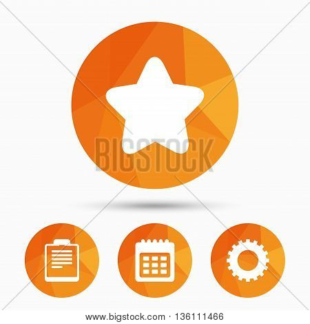 Calendar and Star favorite icons. Checklist and cogwheel gear sign symbols. Triangular low poly buttons with shadow. Vector