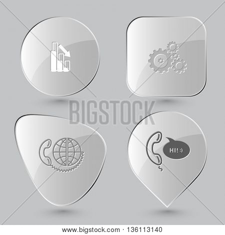 4 images: graph degress, gears, global communication, support. Business set. Glass buttons on gray background. Vector icons.