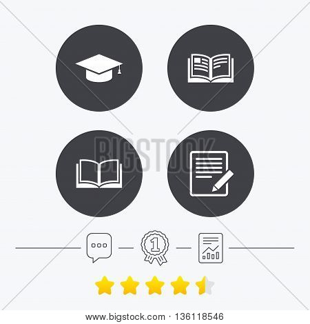 Pencil with document and open book icons. Graduation cap symbol. Higher education learn signs. Chat, award medal and report linear icons. Star vote ranking. Vector