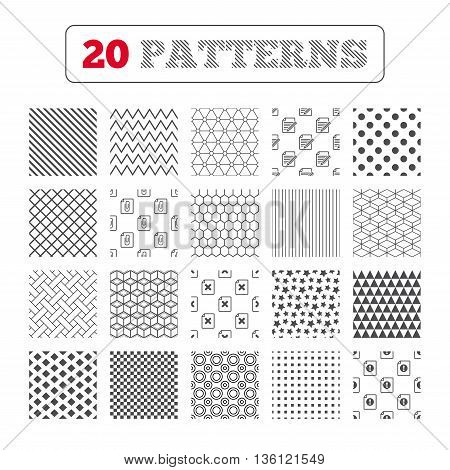 Ornament patterns, diagonal stripes and stars. File attention icons. Document delete and pencil edit symbols. Paper clip attach sign. Geometric textures. Vector