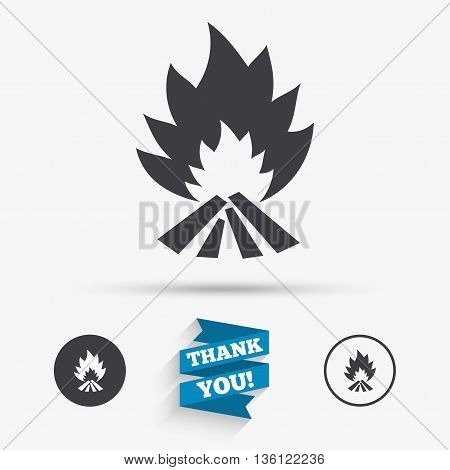 Fire flame sign icon. Heat symbol. Stop fire. Escape from fire. Flat icons. Buttons with icons. Thank you ribbon. Vector