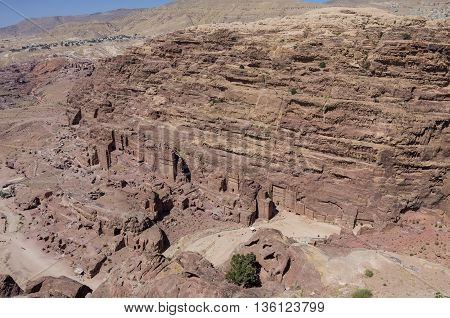 Birds eye view of Royal Tomb from High Place of Sacrifice (Al-Madbah) viewpoint Petra Jordan.