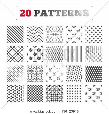 Ornament patterns, diagonal stripes and stars. 3d tv technology icons. Printer, rotation arrow sign symbols. Print cube. Geometric textures. Vector