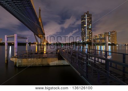 Under view of Bhumibol bridge with chao praya river in Bangkok, Thailand.