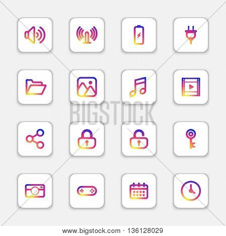 colorful smooth gradient line web icon set on white rounded rectangle with soft shadow for web design user interface (UI) infographic and mobile application (apps)