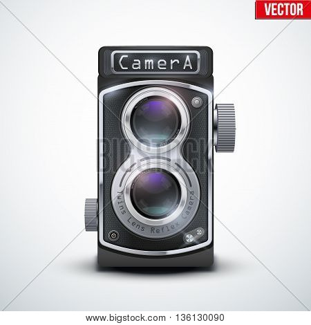 Vintage twin lens reflex camera with closed viewfinder. Front view. Realistic retro design of medium format camera. Vector Illustration isolated on white background.