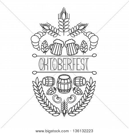 Oktoberfest traditional food and attributes on craft. vector hand drawn label elements. barrel, mug, wheat, hop plant,  croissant, bottle, leaf, bagel, pretzel.
