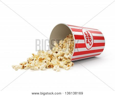 Popcorn in striped bucket on white background