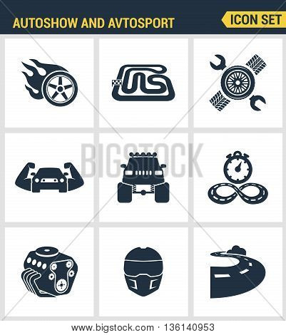 Icons set premium quality of autoshow and avtosport monster truck engine car racing rally muscle car. Modern pictogram collection flat design style symbol collection. Isolated white background.