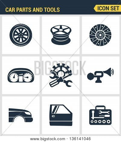 Icons set premium quality of car parts tools icon set transport workshop service mechanic. Modern pictogram collection flat design style symbol collection. Isolated white background.