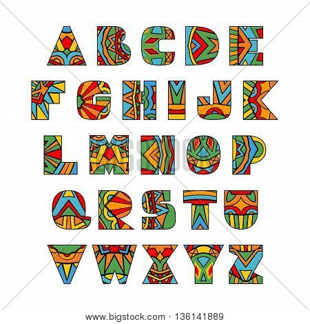 Ornate Letters. ABC letters brigh ethnic pattern. Rich ornate alphabet. Aztec style. Fancy multicolored font. Vector collection.