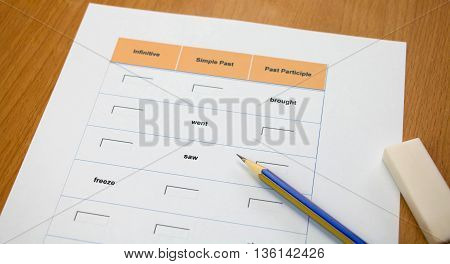english exercise and pencil on table represent testing english grammar