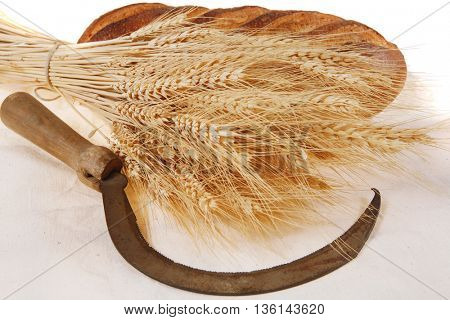 bunch of mown wheat ears with vintage handmade reaper hook sickle and rye dark white french fresh bread loaf on light linen tablecloth