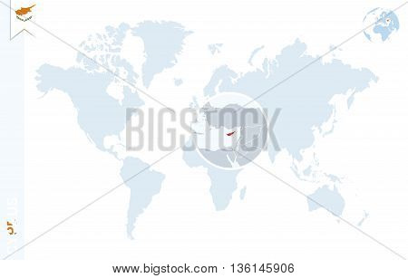Blue World Map With Magnifying On Cyprus.