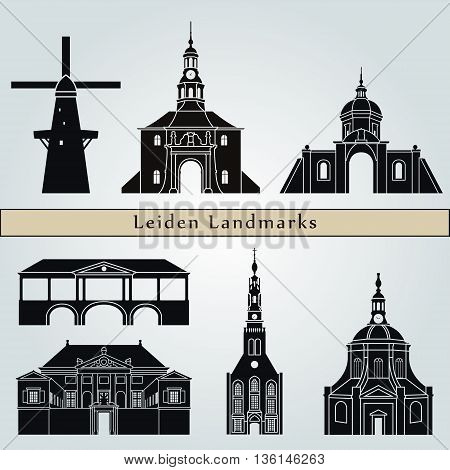 Leiden landmarks and monuments isolated on blue background in editable vector file