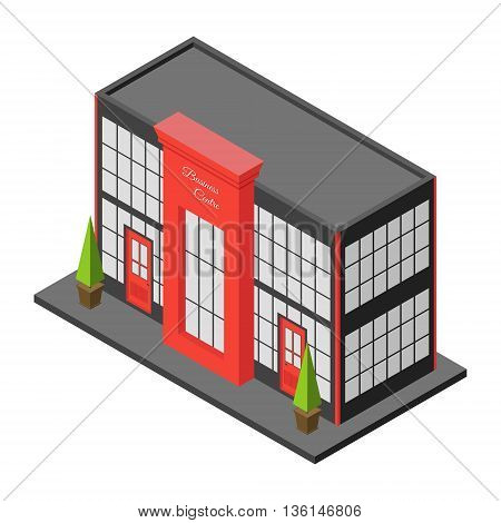 Isometric city building of business center or mall. Three dimensional town constraction. Small business office. Infographic design element. Vector isolated illustration.