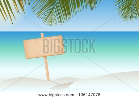 Natural textured wooden rectangular signboard on a pole at the paradise beach vector illustration