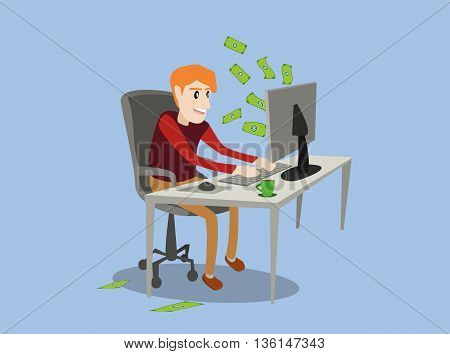 business man using his computer to building online dollars banknote money cash from monitor screen. online business investment concept vector
