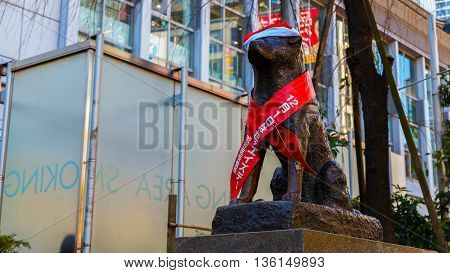 Tokyo, Japan - November 28 2015: Hachiko Statue At Shibuya Station, The Dog Is Remarkable Loyalty To