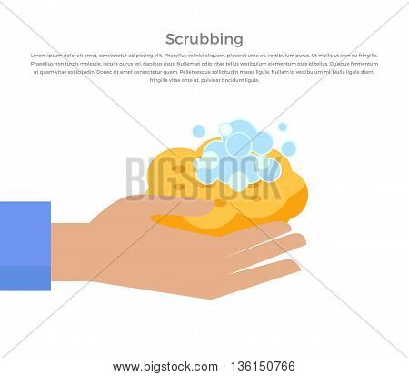 Scrubbing hand with soap and wisp design banner. Hand washing instructions and hygiene clea with soap and care, hand washing water scrubbing web page banner poster with text. Vector illustration