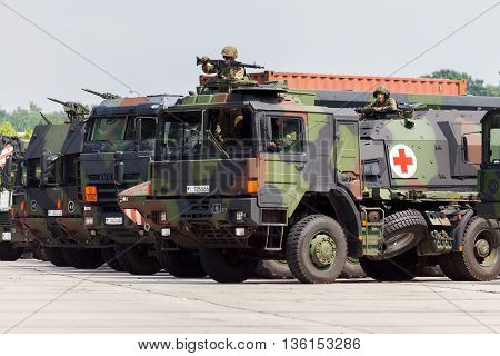 BURG / GERMANY - JUNE 25 2016: german military army convoy stands on open day in barrack burg / germany at june 25 2016