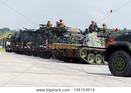 BURG / GERMANY - JUNE 25 2016: german military army convoy stands on open day in barrack burg / germany at june 25 2016