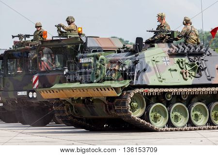 BURG / GERMANY - JUNE 25 2016: german military army convoy stands on open day in barrack burg / germany at june 25 2016