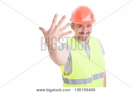 Handsome Young Engineer Showing Number Five Or Fifth