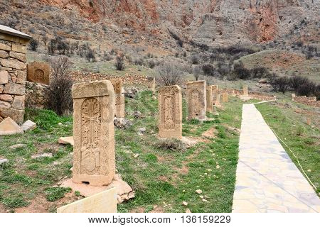 Sacred place at Ancient monastery Noravank in the mountains in Amaghu valley, Armenia. Was founded in 1205. 