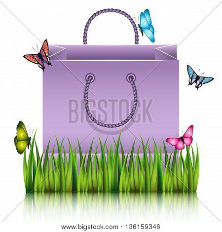 Paper shopping bag on the meadow grass with butterflies. Vector illustration.