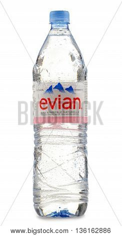 POZNAN POLAND - JUNE 24 2016: Evian is a brand of mineral water made in France on the south shore of Lake Geneva owned by multinational corporation Danone