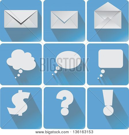 Vector. Set of flat simple web icons (envelope, the message, dollar sign, question mark, exclamation icon, the message)