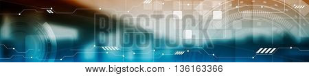 Abstract tech industrial web header banner. Vector header template with bridge landscape, circut board and squares. Banner illustration