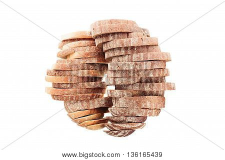 Two stacks of sliced bread in the form of spheres on a white background. Isolated. Concept art. Food background. Black rye bread and white bread.