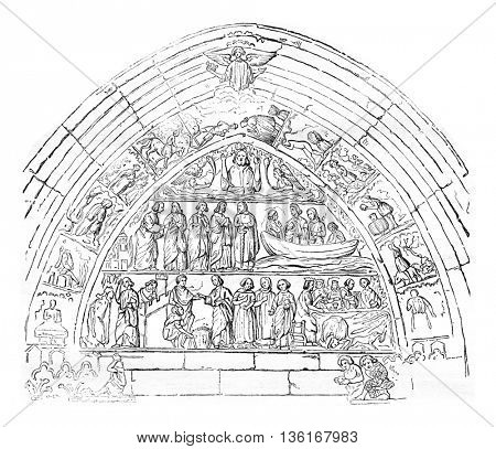 Reliefs of the door Bles of the Church of Our Lady of Semur, vintage engraved illustration. Magasin Pittoresque 1836.