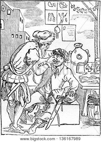 The tooth-puller, vintage engraved illustration. Magasin Pittoresque 1836.