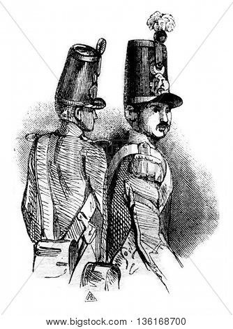 Cylindrical shako, vintage engraved illustration. Magasin Pittoresque 1836.