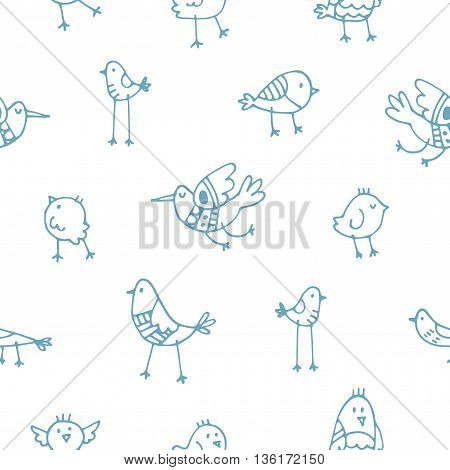 Seamless pattern with cute cartoon birds on white background. Vector contour image. Doodle style.
