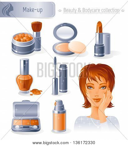 Beauty and cosmetics icon set with beautiful young adult woman, holding hand near face on white background. Makeup healthy lifestyle symbols for peoples hair, skin and body care.