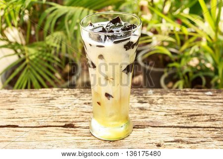 Soy milk grass Jelly on old wooden