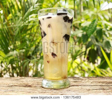 Soy milk grass Jelly on old wooden