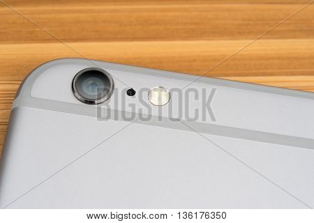 UFA RUSSIA - 26 JUNE 2016: iPhone 6 Plus is a smartphone developed by Apple Inc. The camera is slightly scratched close-up iPhone 6 Plus