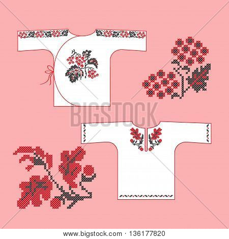 Traditional Ukrainian embroidered children's shirts with ornaments viburnum and oak. Vector illustration.
