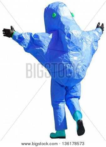 person with blue protective suit to manage hazardous materials