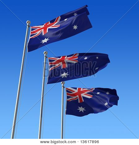 Drie vlaggen van Australië tegen blauwe hemel. 3D illustratie.